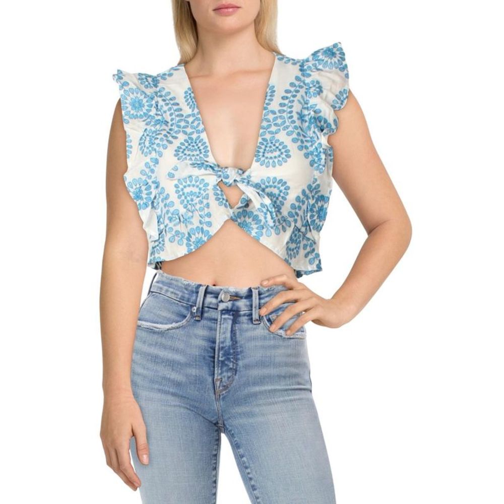 Endless Rose Womens Blue Embroidered Knot Front Shirt Crop Top NWT